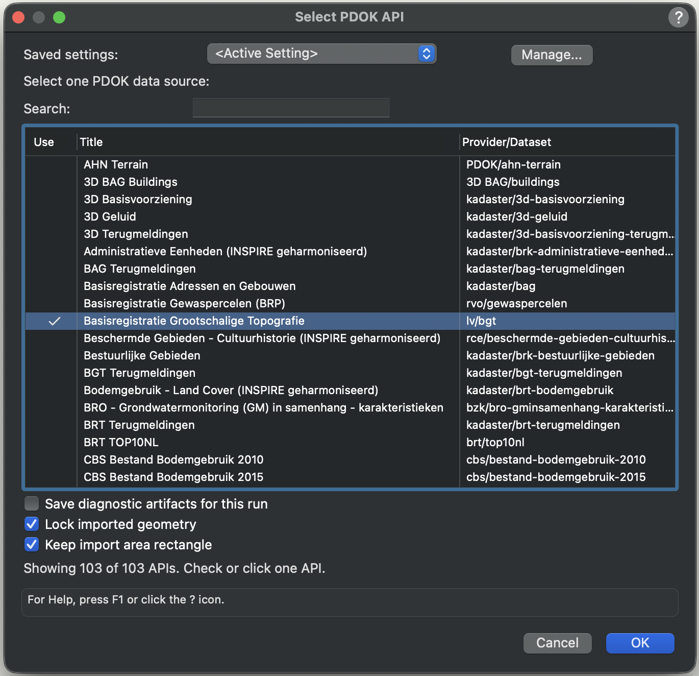 English Import PDOK Geodata for Vectorworks dialog for choosing a PDOK data source