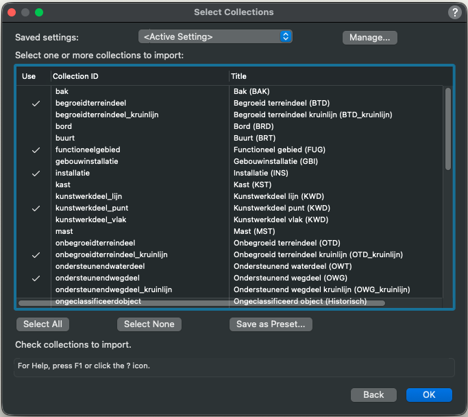 English Import PDOK Geodata for Vectorworks dialog for selecting collections