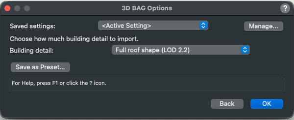 English Import PDOK Geodata for Vectorworks dialog for choosing 3D BAG building detail