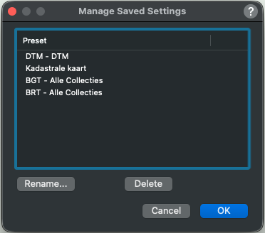 English Import PDOK Geodata for Vectorworks dialog for managing saved settings