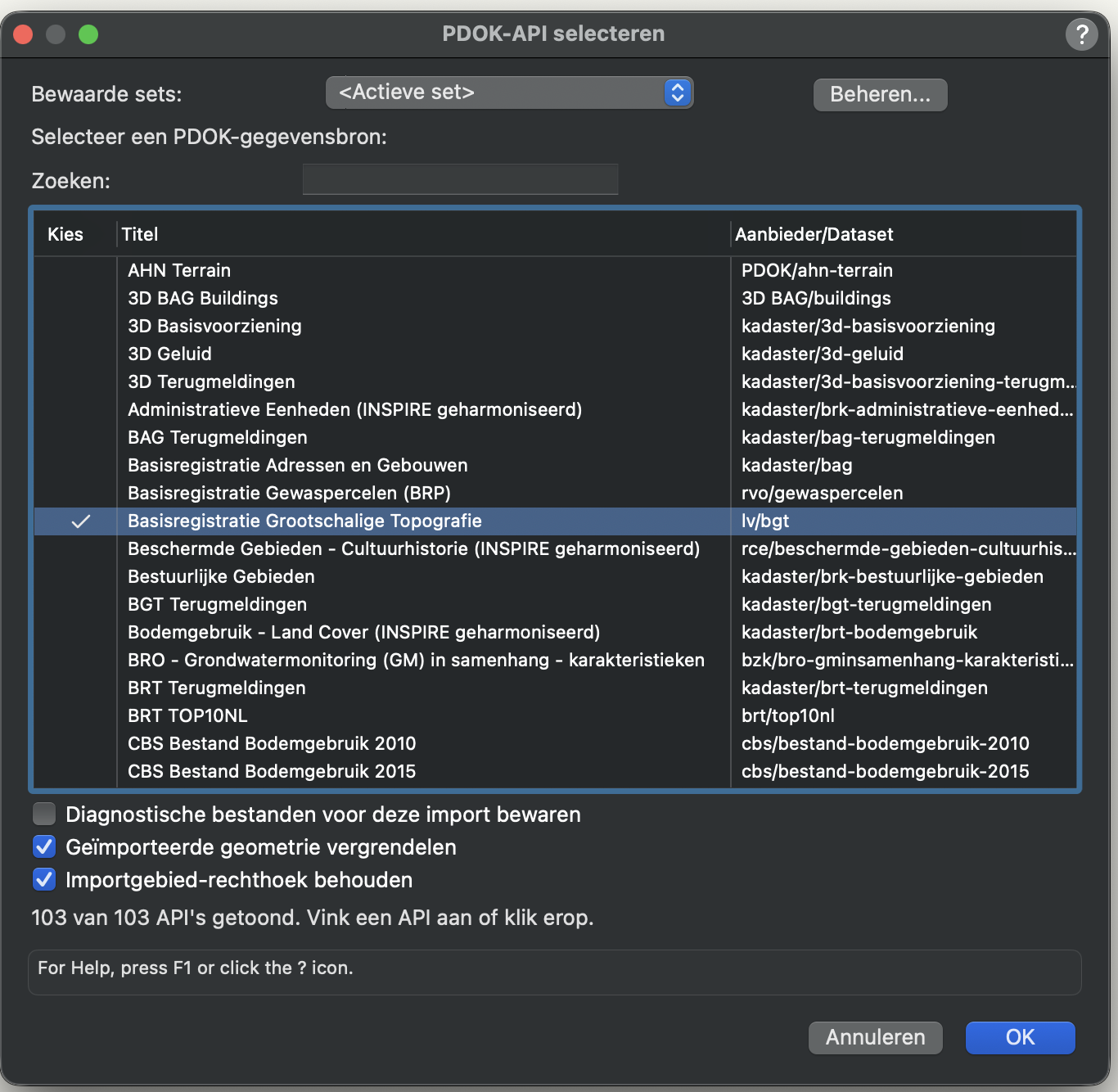 Nederlandstalig dialoogvenster van Import PDOK Geodata for Vectorworks voor het kiezen van een PDOK-gegevensbron
